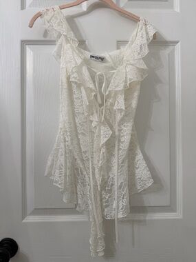 Princess Polly Cream Lace Ruffle Tie-Front Blouse